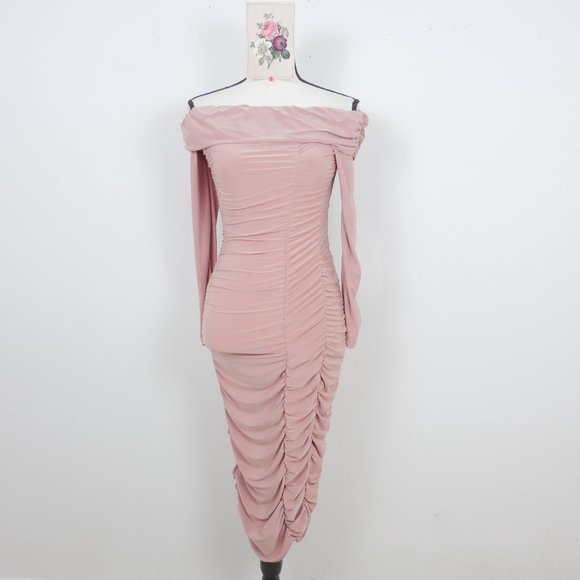 PrettyLittleThing Rose Slinky Extreme Ruched Bardot Midi SZ US6 Sexy Dress - Picture 1 of 14